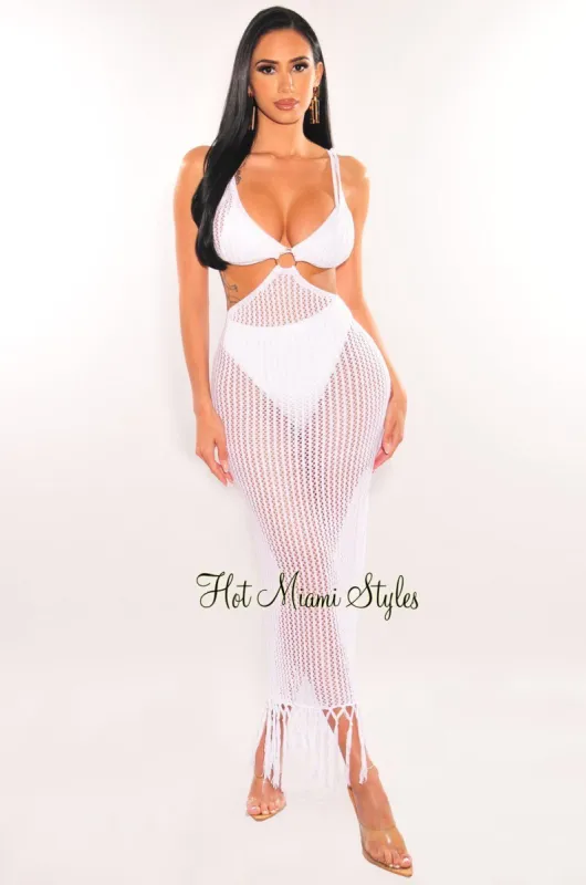 White Crochet Cut Out O-Ring Fringe Hem Maxi Cover Up Dress sold by Hot Miami Styles
