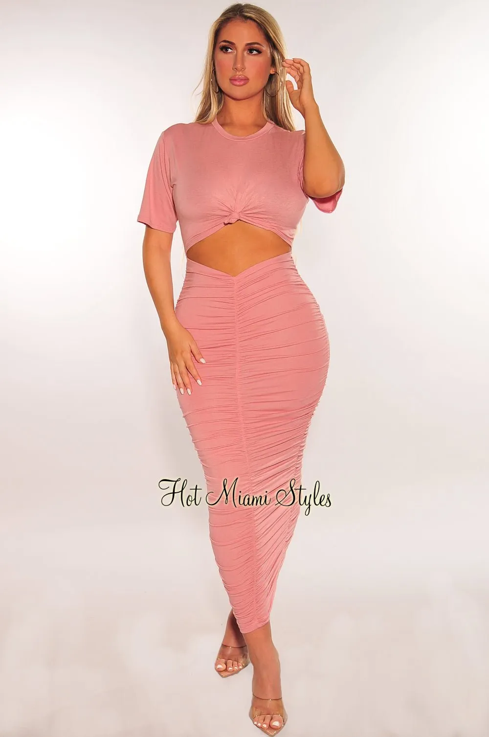 Blush Short Sleeve Cut Out Ruched Maxi Dress sold by Hot Miami Styles