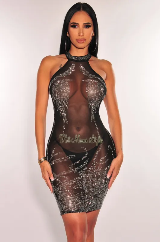 Black Sheer Mesh Rhinestone Halter Mini Dress sold by Hot Miami Styles