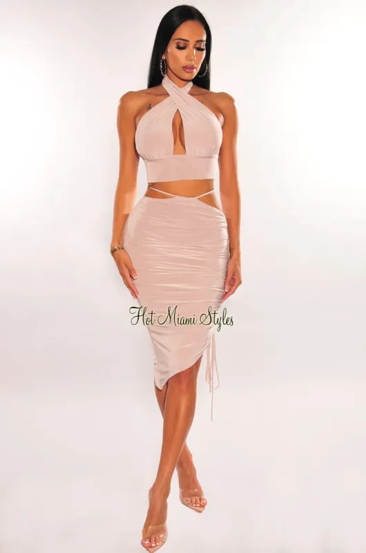 Nude CrissCross Strappy Asymmetrical Ruched Skirt Two Piece Set sold by Hot Miami Styles
