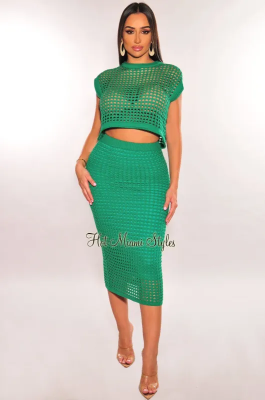 Green Knit Crochet Round Neck Sleeveless Skirt Two Piece Set sold by Hot Miami Styles