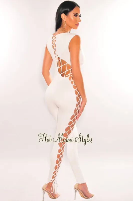 White Sleeveless Lace Up Jumpsuit sold by Hot Miami Styles