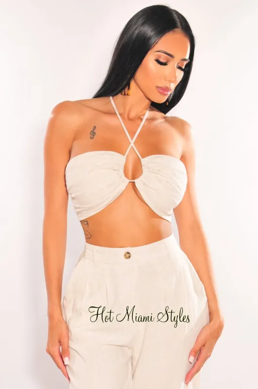 Taupe Halter Linen Drawstring Keyhole Crop Top sold by Hot Miami Styles