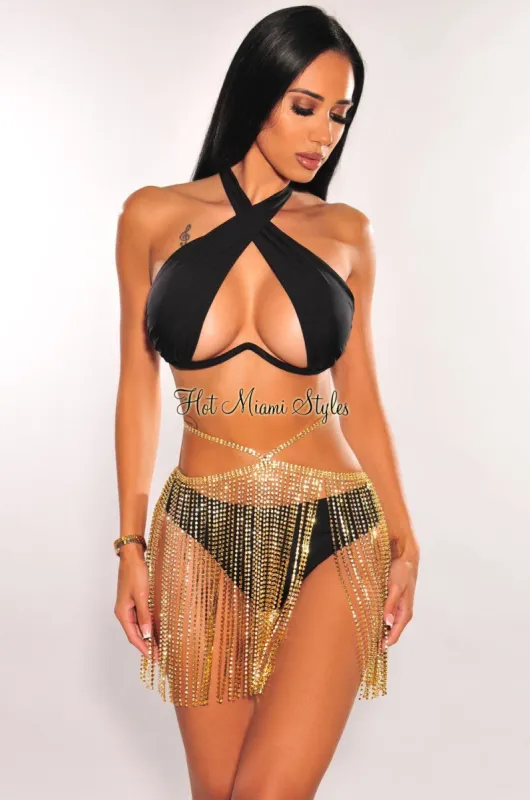 Gold Rhinestone Strap Fringe Skirt Cover Up sold by Hot Miami Styles