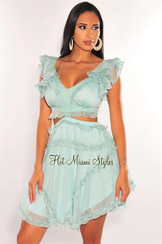 Mint V Neck Ruffle Cut Out Lace Up Back Dress sold by Hot Miami Styles