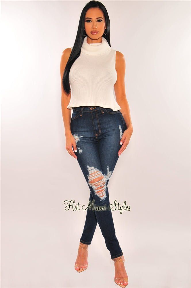 Off White Ribbed Knit Cowl Neck Sleeveless Top sold by Hot Miami Styles product image thumbnail 3