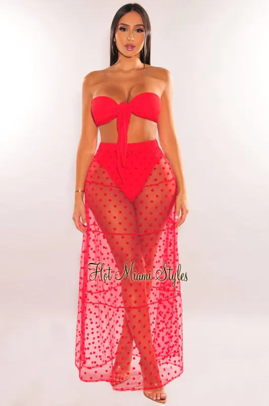 Red Polka Dot Sheer High Waist Maxi Skirt Cover Up sold by Hot Miami Styles
