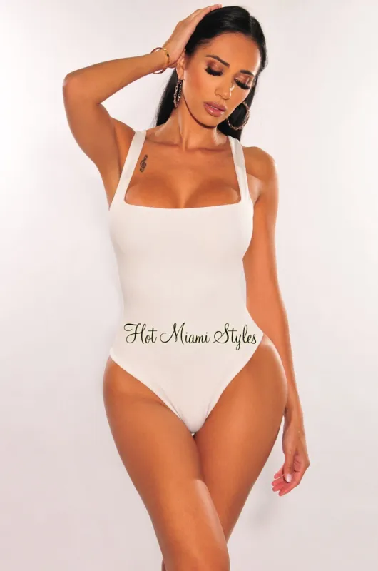White Silky Sleeveless Square Neck Bodysuit sold by Hot Miami Styles
