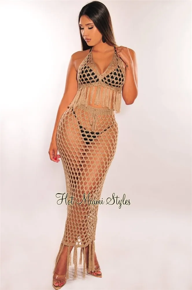 Mocha Crochet Halter Fringe Skirt Two Piece Set Cover Up sold by Hot Miami Styles
