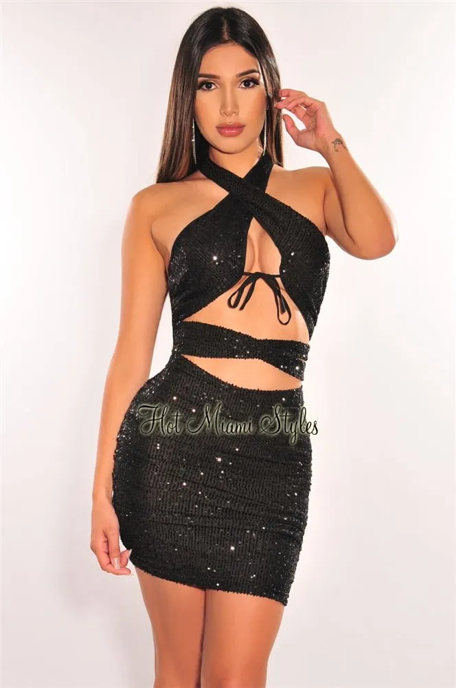 Black Sequins Halter CrissCross Cut Out Ruched Dress sold by Hot Miami Styles