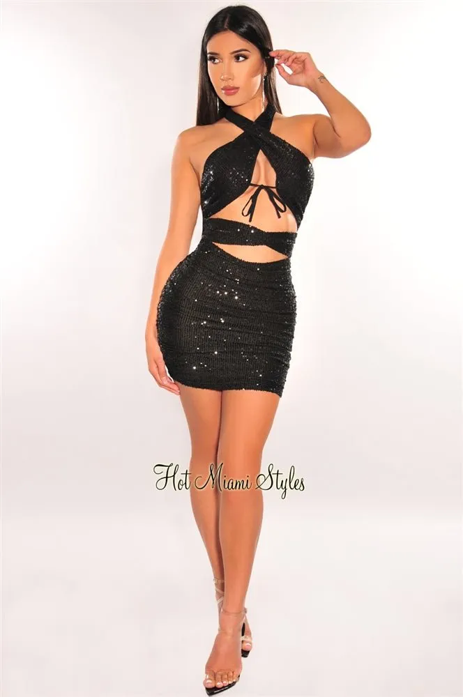 Black Sequins Halter CrissCross Cut Out Ruched Dress sold by Hot Miami Styles product image thumbnail 3