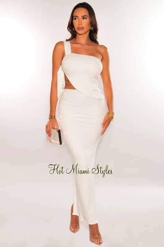 White One Shoulder Asymmetrical Tie Up High Waist Skirt Two Piece Set sold by Hot Miami Styles