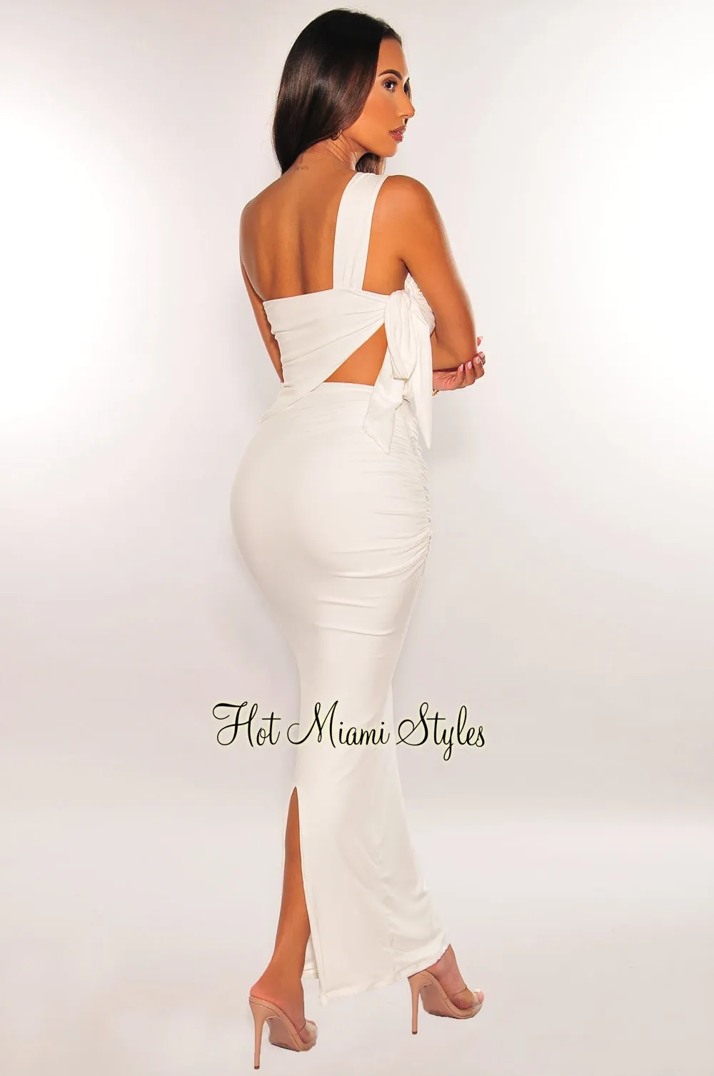 White One Shoulder Asymmetrical Tie Up High Waist Skirt Two Piece Set sold by Hot Miami Styles product image thumbnail 2