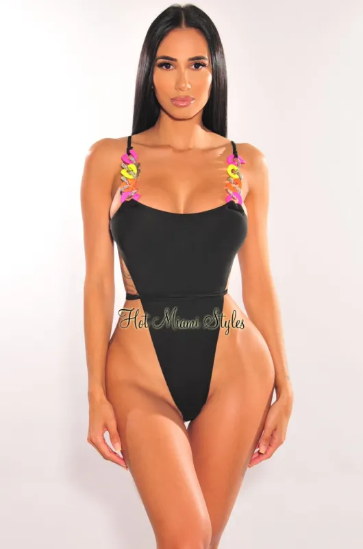 Black Multi Color Chain Ultra High Cut Swimsuit sold by Hot Miami Styles