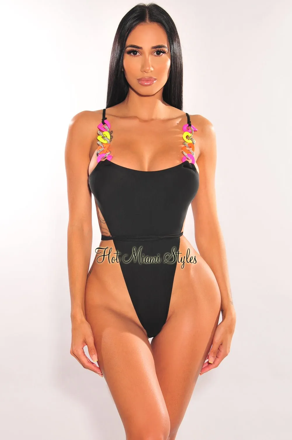 Black Multi Color Chain Ultra High Cut Swimsuit sold by Hot Miami Styles