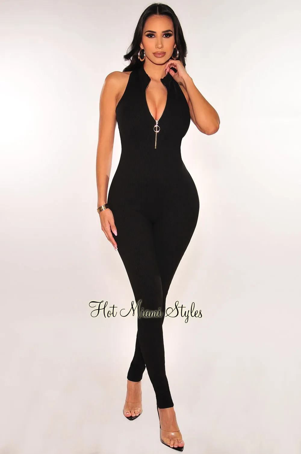 Black Sleeveless Ribbed Zipper Cut Out Back Jumpsuit sold by Hot Miami Styles