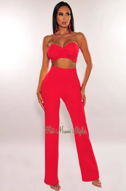 Red Padded Strapless Knotted Padded Palazzo Pants Two Piece Set sold by Hot Miami Styles