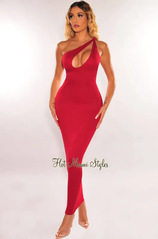 Deep Red One Shoulder Knotted Sleeveless Cut Out Midi Dress sold by Hot Miami Styles