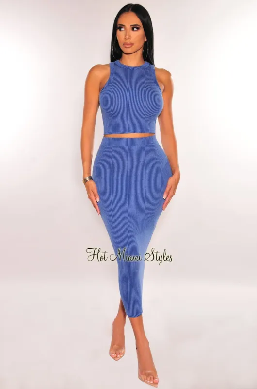 Navy Ribbed Racerback Skirt Two Piece Set sold by Hot Miami Styles