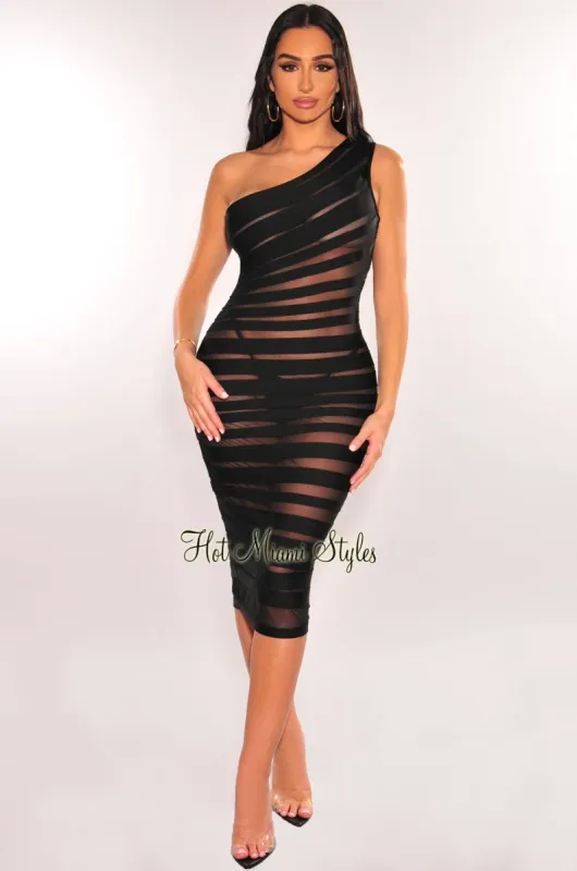 Black Bandage Sheer Mesh Illusion One Shoulder Midi Dress sold by Hot Miami Styles