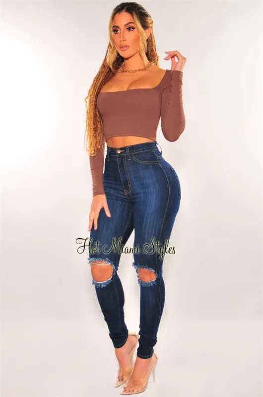 Dark Denim Ripped Knee High Waist Skinny Jeans sold by Hot Miami Styles