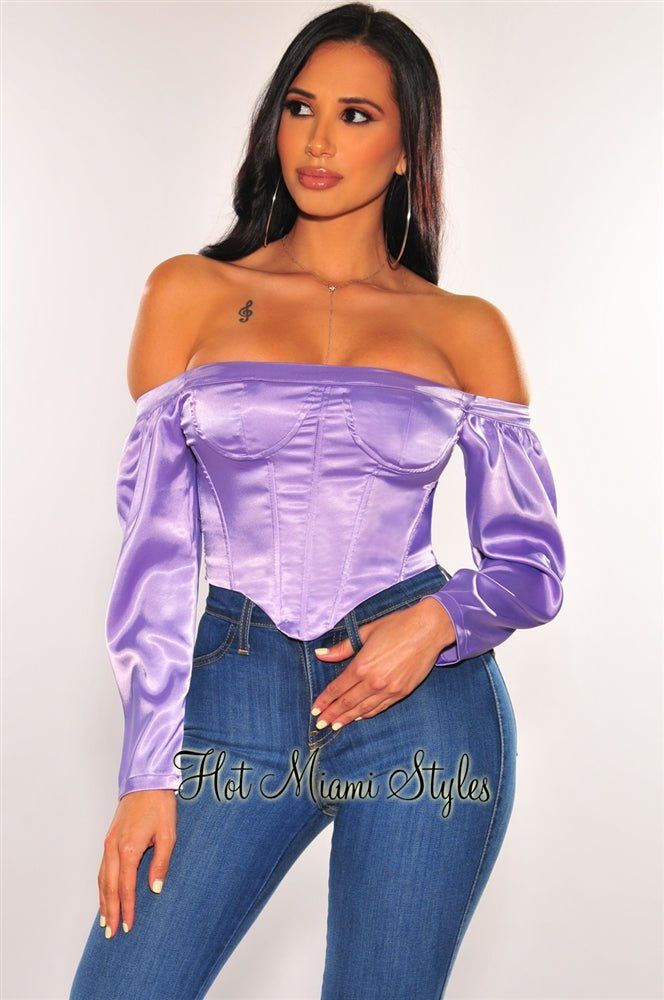 Lavender Satin Off Shoulder Bustier Crop Top sold by Hot Miami Styles