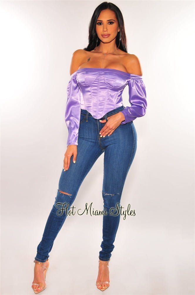 Lavender Satin Off Shoulder Bustier Crop Top sold by Hot Miami Styles product image thumbnail 3