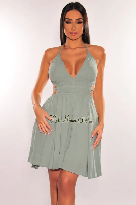 Sage Halter V Neck Strappy Back Babydoll Dress sold by Hot Miami Styles
