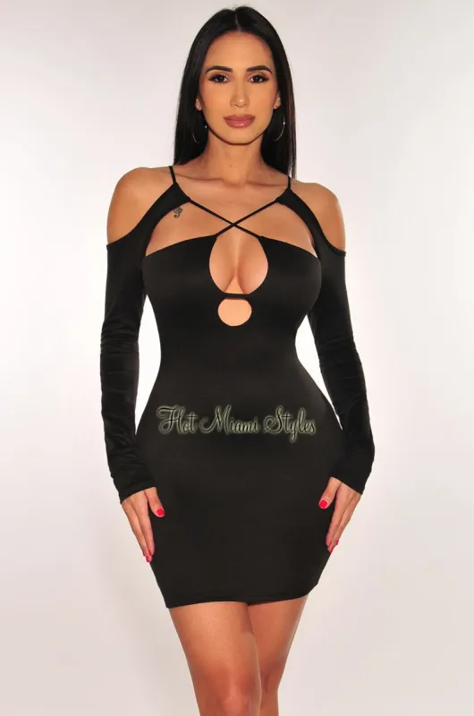 Black Cut Out CrissCross Long Sleeve Mini Dress sold by Hot Miami Styles