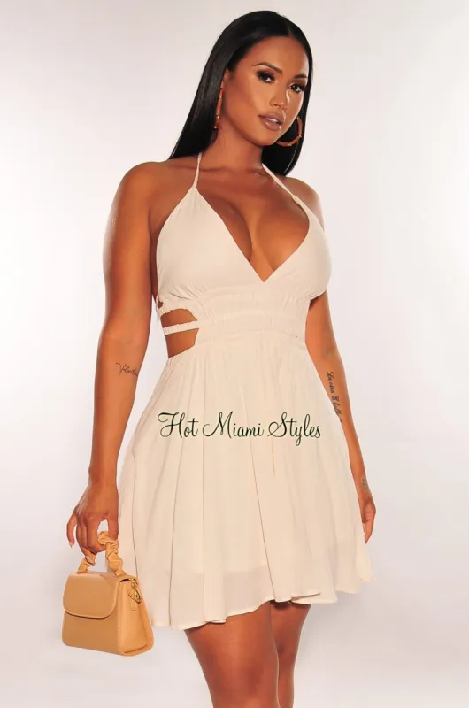 Cream Halter V Neck Strappy Back Babydoll Dress sold by Hot Miami Styles