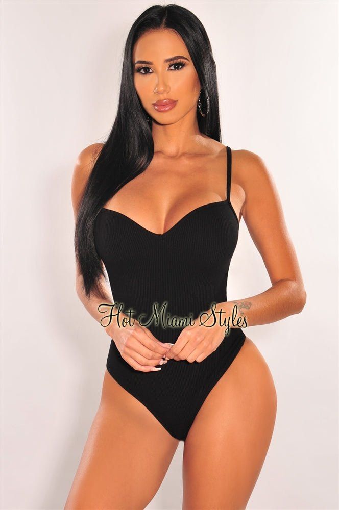 Black Ribbed Sweetheart Spaghetti Straps Bodysuit sold by Hot Miami Styles