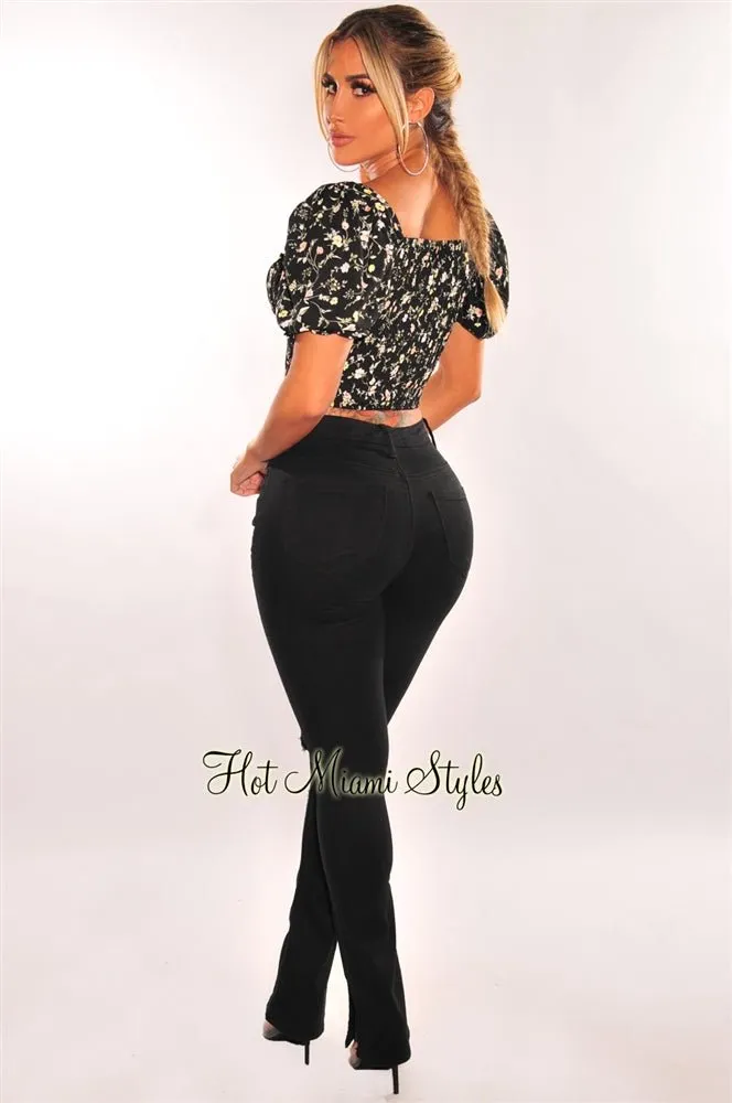 Black Floral Print Tie Up Short Sleeves Crop Top sold by Hot Miami Styles product image thumbnail 4