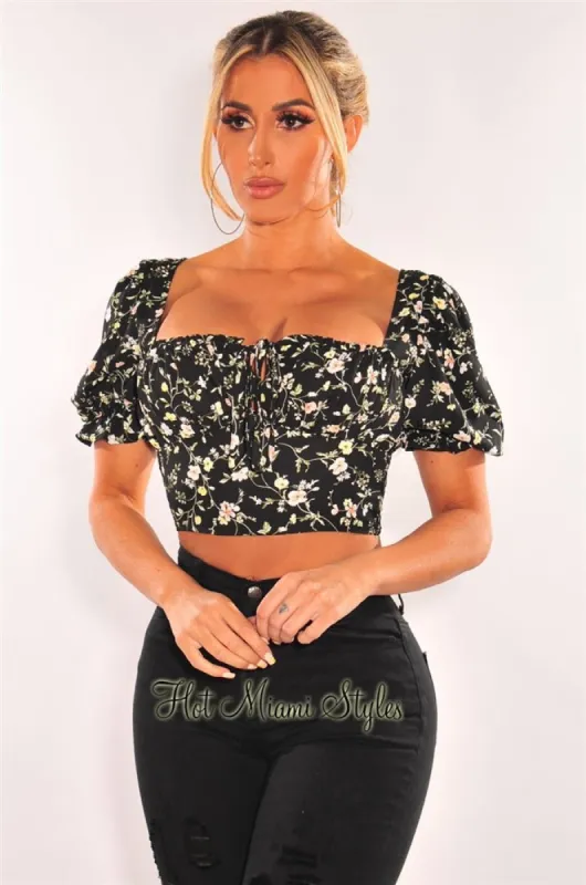 Black Floral Print Tie Up Short Sleeves Crop Top sold by Hot Miami Styles