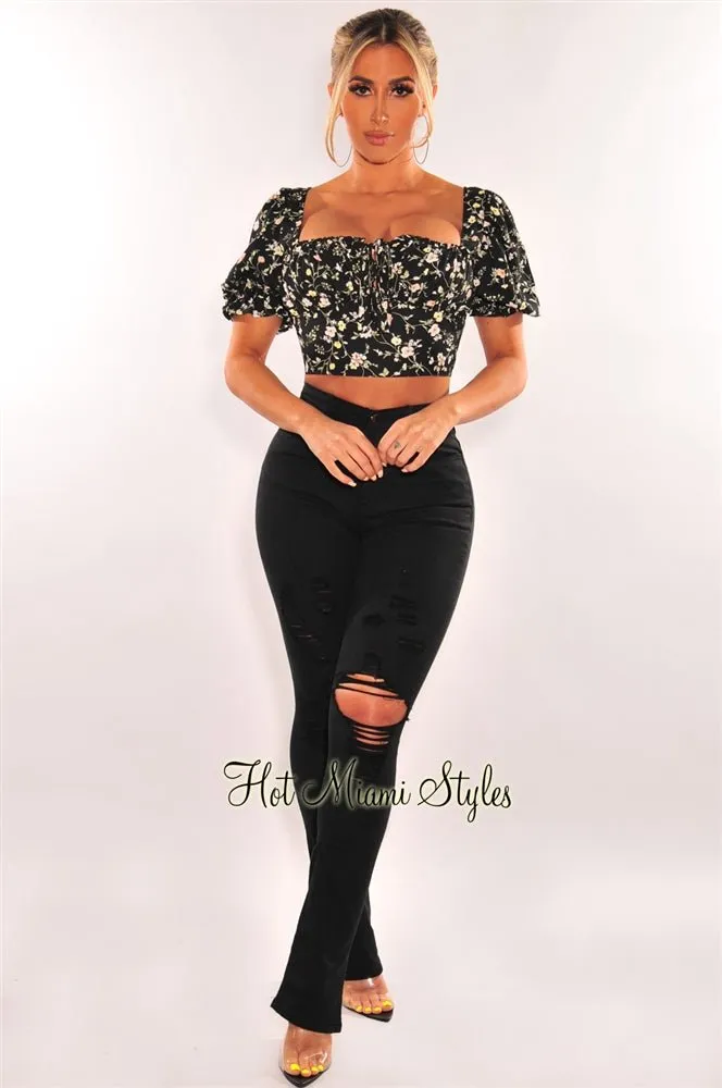 Black Floral Print Tie Up Short Sleeves Crop Top sold by Hot Miami Styles product image thumbnail 3