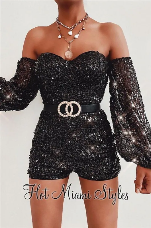 Black Sequins Off-the-Shoulder Long-Sleeve Padded Mini Romper made by Hot Miami Styles