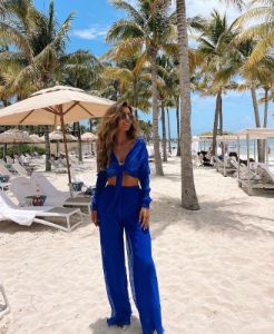 Royal Blue Sheer Pleated Collared Tie Up Palazzo Pants Two Piece Set sold by Hot Miami Styles