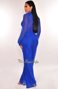 Royal Blue Sheer Pleated Collared Tie Up Palazzo Pants Two Piece Set sold by Hot Miami Styles