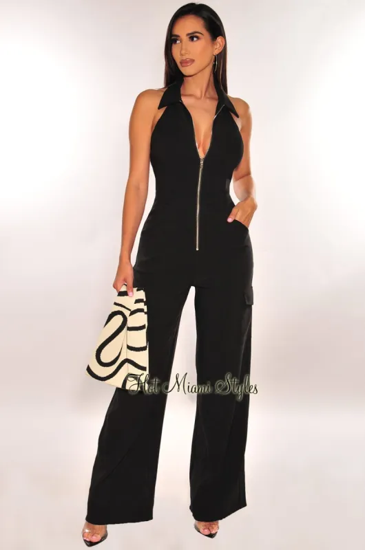 Black Collared Zipper Open Back Cargo Woven Wide Leg Jumpsuit sold by Hot Miami Styles