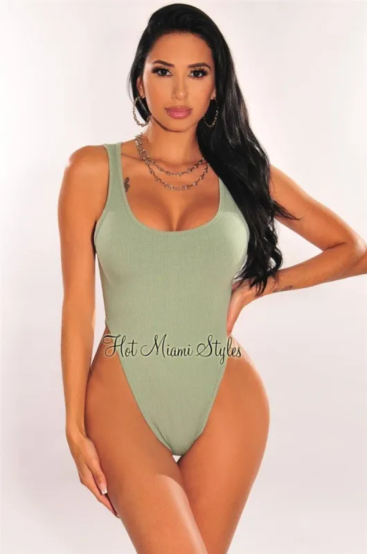 Sage Ribbed Round Neck Sleeveless High Cut Bodysuit sold by Hot Miami Styles