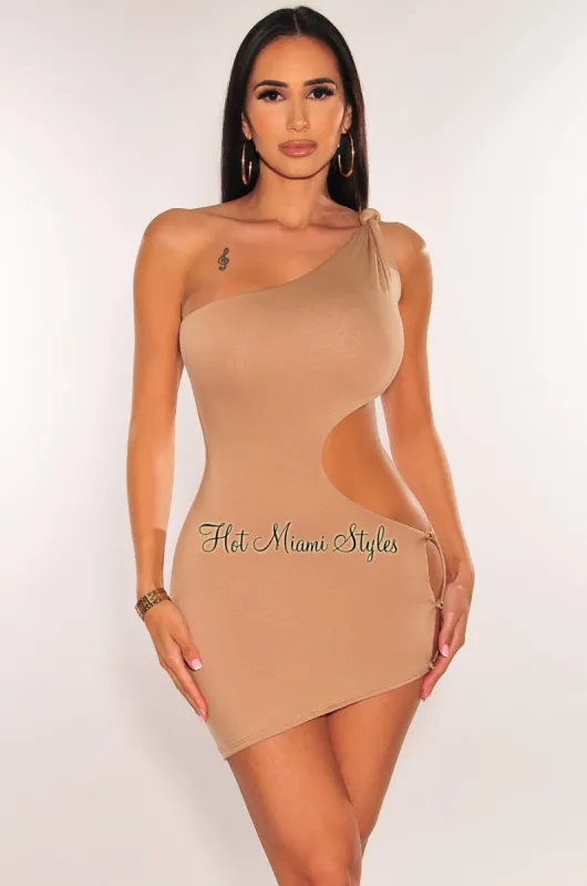 Mocha Knotted One Shoulder Button Cut Out Asymmetrical Dress sold by Hot Miami Styles