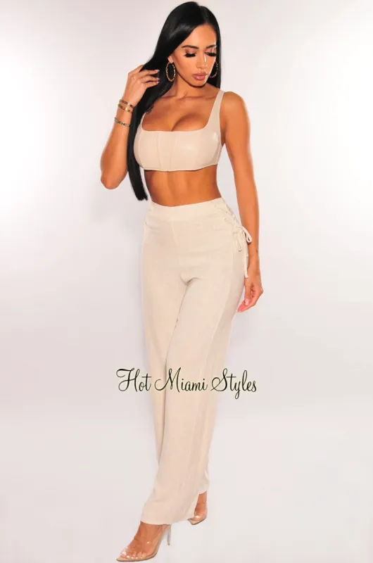 Sand Linen High Waist Lace Up Wide Leg Palazzo Pants sold by Hot Miami Styles