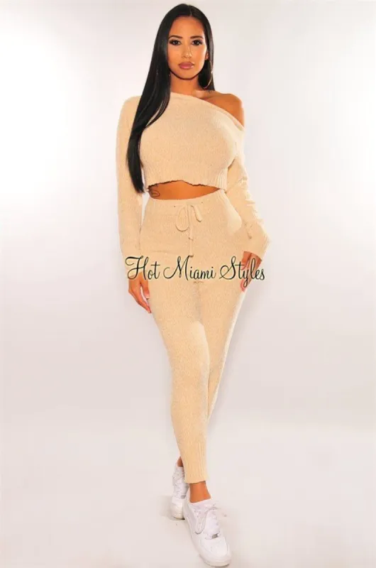 HMS Lounge: Cream Chenille Knit Long Sleeve Pants Two Piece Set sold by Hot Miami Styles