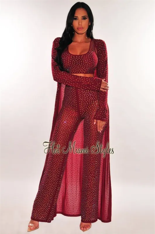 Wine Iridescent Rhinestone Studded Duster Coat sold by Hot Miami Styles