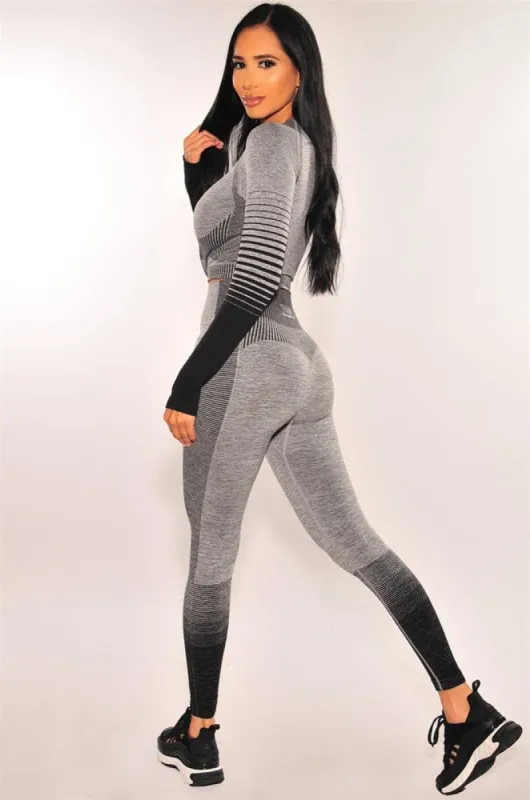 HMS Fit: Gray Black Marl Seamless Long Sleeves Leggings Two Piece Set sold by Hot Miami Styles