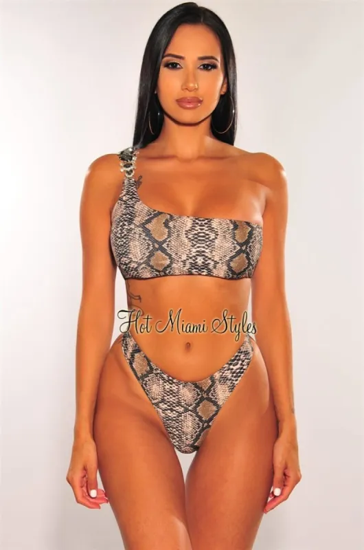 Brown Snake Print One Shoulder Jeweled Scrunch Butt Bikini Top sold by Hot Miami Styles