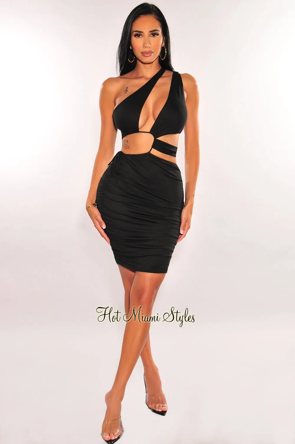 Black One Shoulder Cut Out Strap Drawstring Ruched Mini Dress sold by Hot Miami Styles product image thumbnail 3