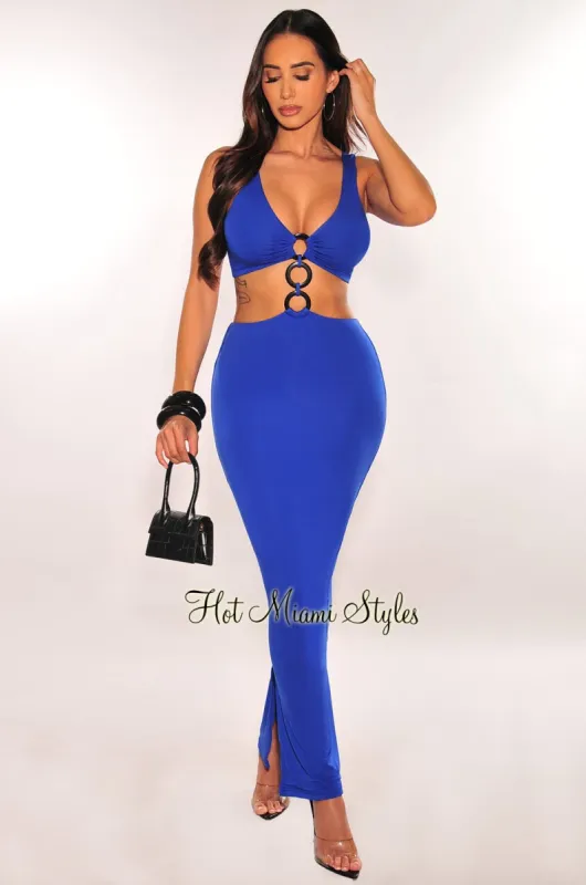 Royal Blue Black O-Ring Sleeveless Cut Out Double Slit Dress sold by Hot Miami Styles