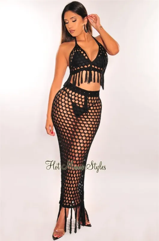 Black Crochet Halter Fringe Skirt Two Piece Set Cover Up sold by Hot Miami Styles