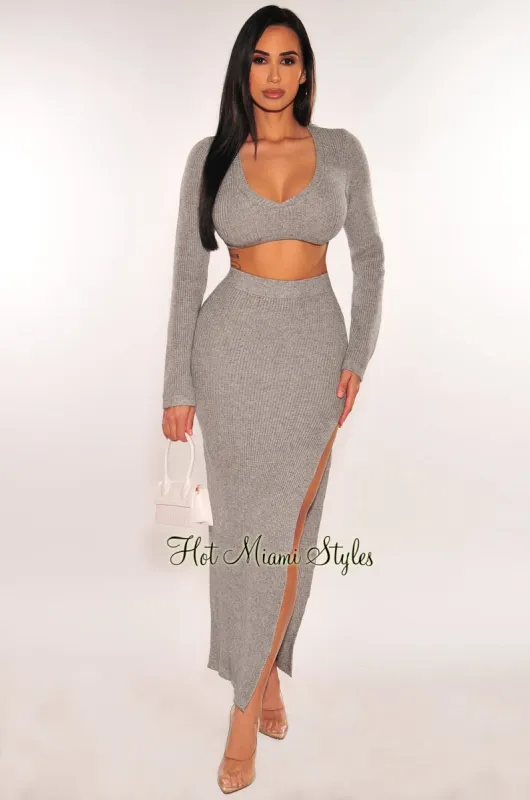 Gray Ribbed Knit Long Sleeve Slit Skirt Two Piece Set sold by Hot Miami Styles
