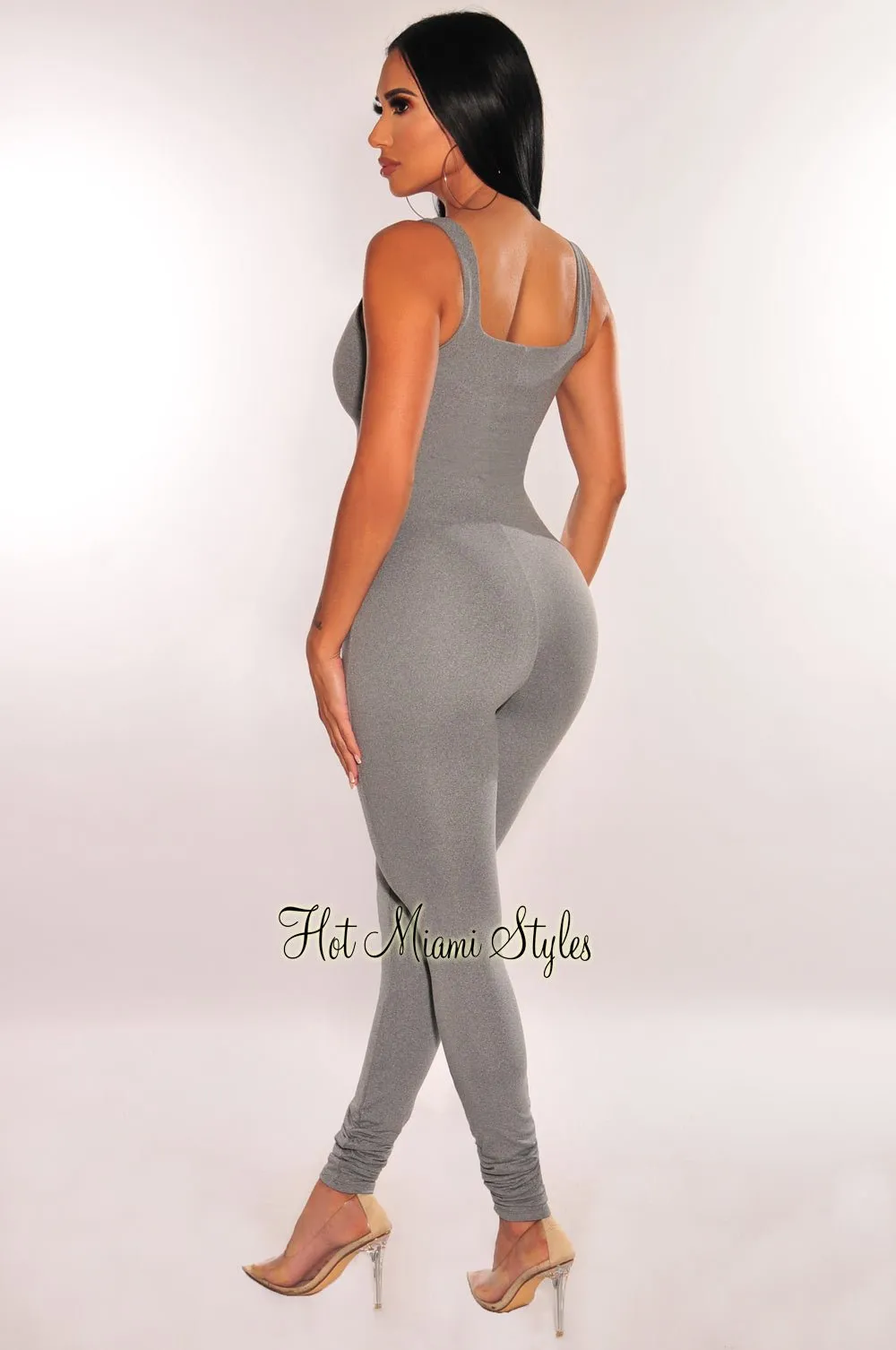 HMS Essential: Gray Spaghetti Strap Perfect Fit Jumpsuit sold by Hot Miami Styles product image thumbnail 2